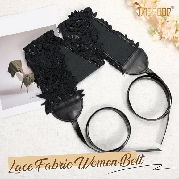 Women Lace Faux Leather Wide Waist Belt Corset Dress Obi Bowknot main image 5